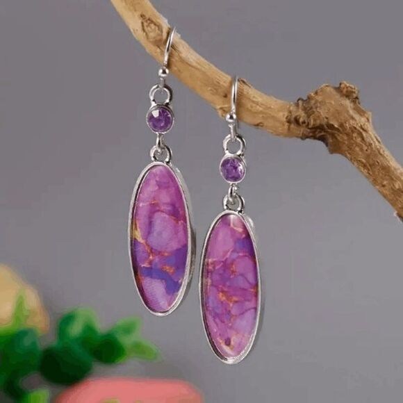 Oval Shape Purple Turquoise Diamond Dangle Earrings - Picture 3 of 6